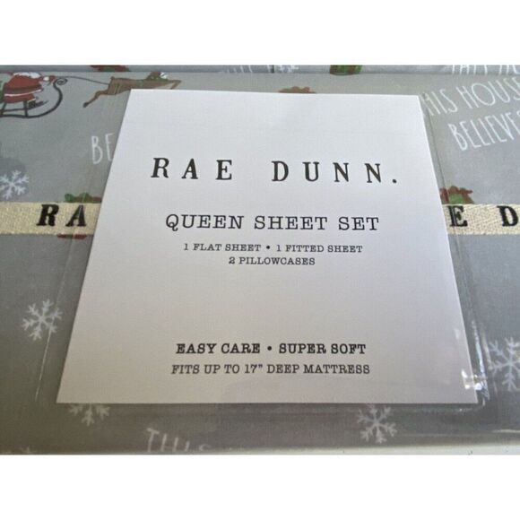 Rae Dunn Christmas Santa Claus Sleigh Reindeer QUEEN SIZE Soft Sheet Set Grey - Picture 2 of 16